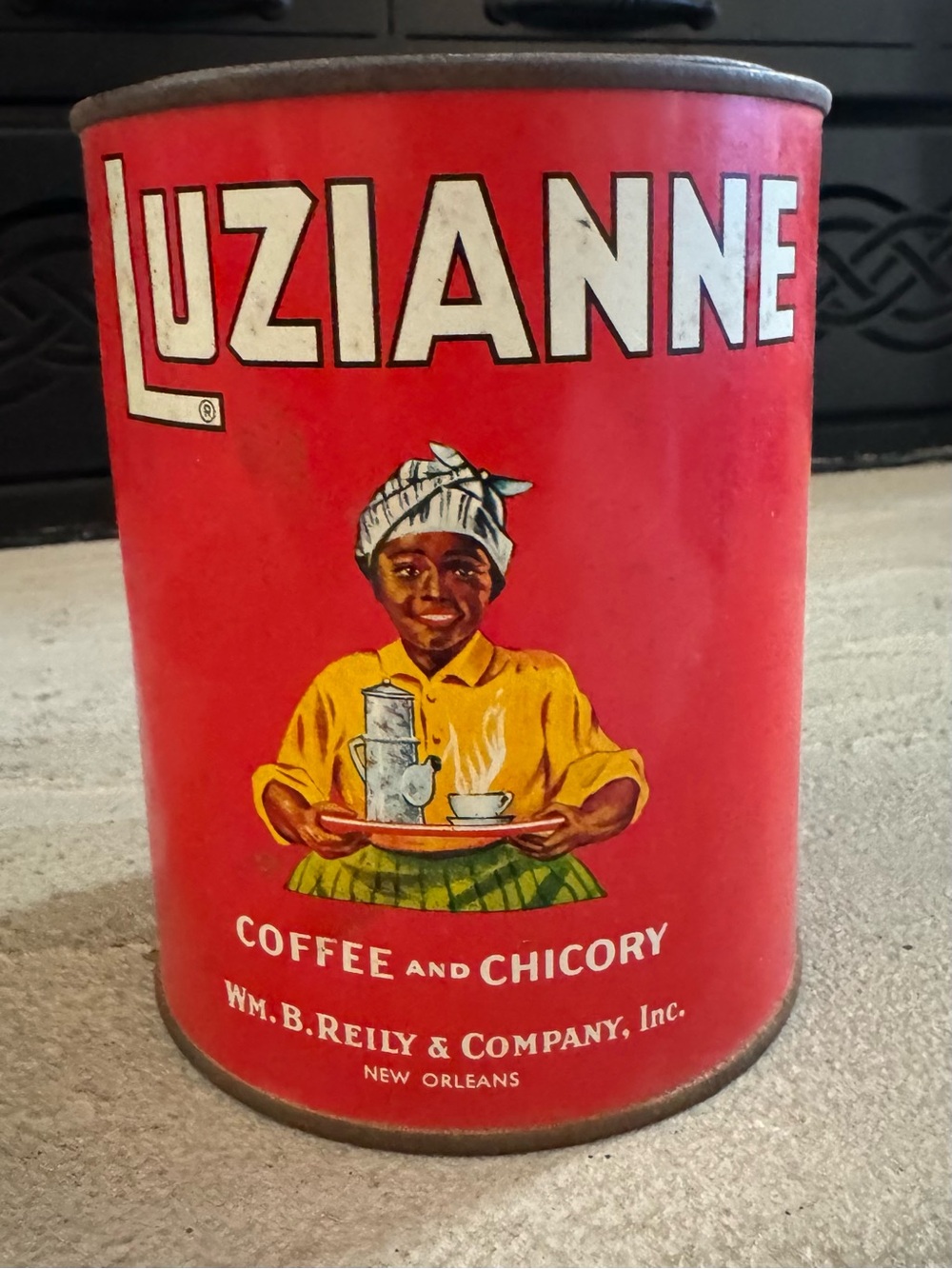 1928 Luzianne Coffee & Chicory Canister Black Americana 7” Tall X 4” diameter - Picture 10 of 11